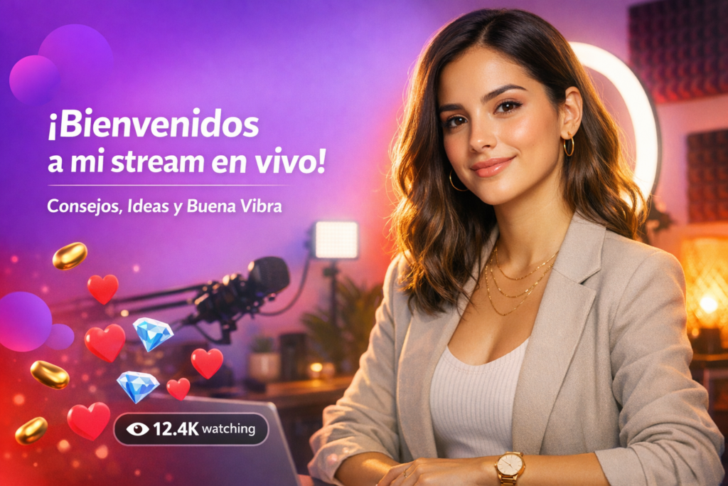 Creadora latina en un home studio moderno con luz de aro y ambiente silencioso, mostrando cómo configurar espacio de trabajo para Chamet como chamet hostess.