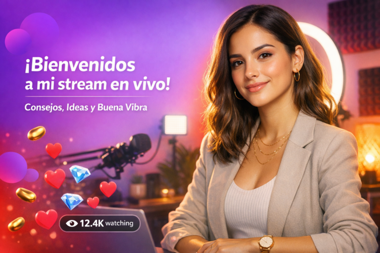 Creadora latina en un home studio moderno con luz de aro y ambiente silencioso, mostrando cómo configurar espacio de trabajo para Chamet como chamet hostess.