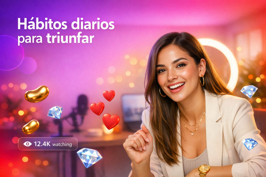 Una creadora latina en su home-studio con luz de aro y reacciones de directo, mostrando hábitos diarios de una chamet hostess exitosa.