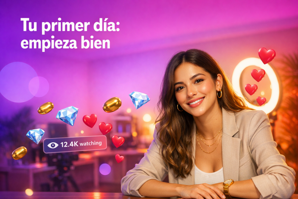 Una joven creadora latina en un home-studio moderno mira a cámara con sonrisa acogedora mientras aparecen corazones y un contador de espectadores, ideal para el primer día como chamet hostess.
