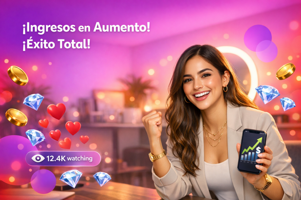 Joven creadora latina en un home-studio moderno celebrando mayores ingresos en Chamet con iconos de live y consejos para crecer como chamet hostess.
