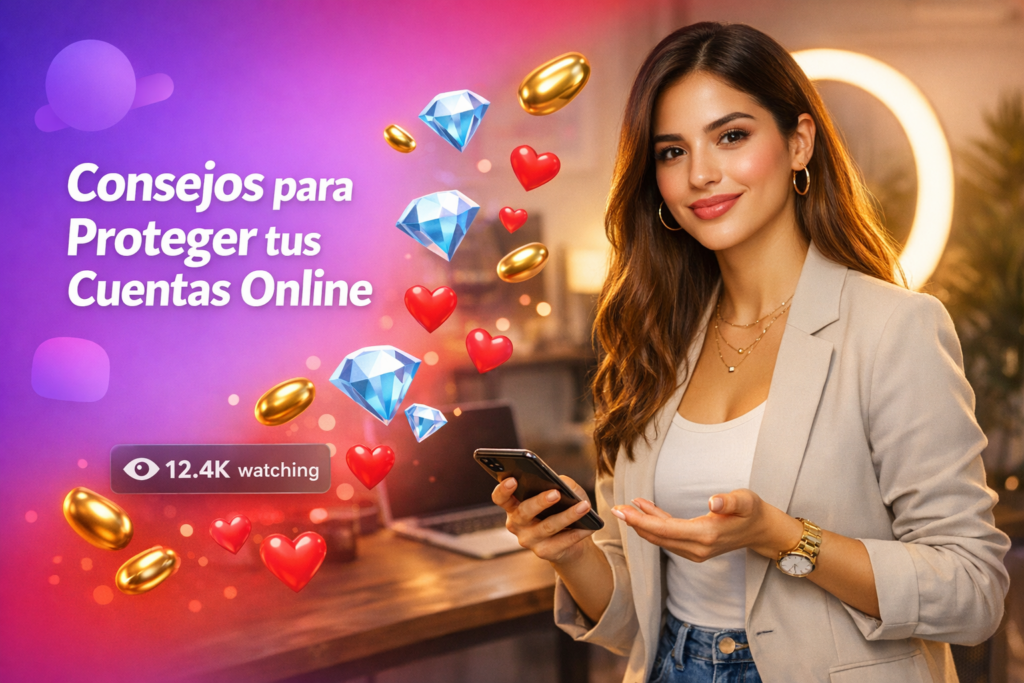 Creadora latina en un home-studio moderno explicando cómo evitar que suspendan tu cuenta de Chamet, con elementos tipo live, corazones y un contador de espectadores, pensado para una chamet hostess.