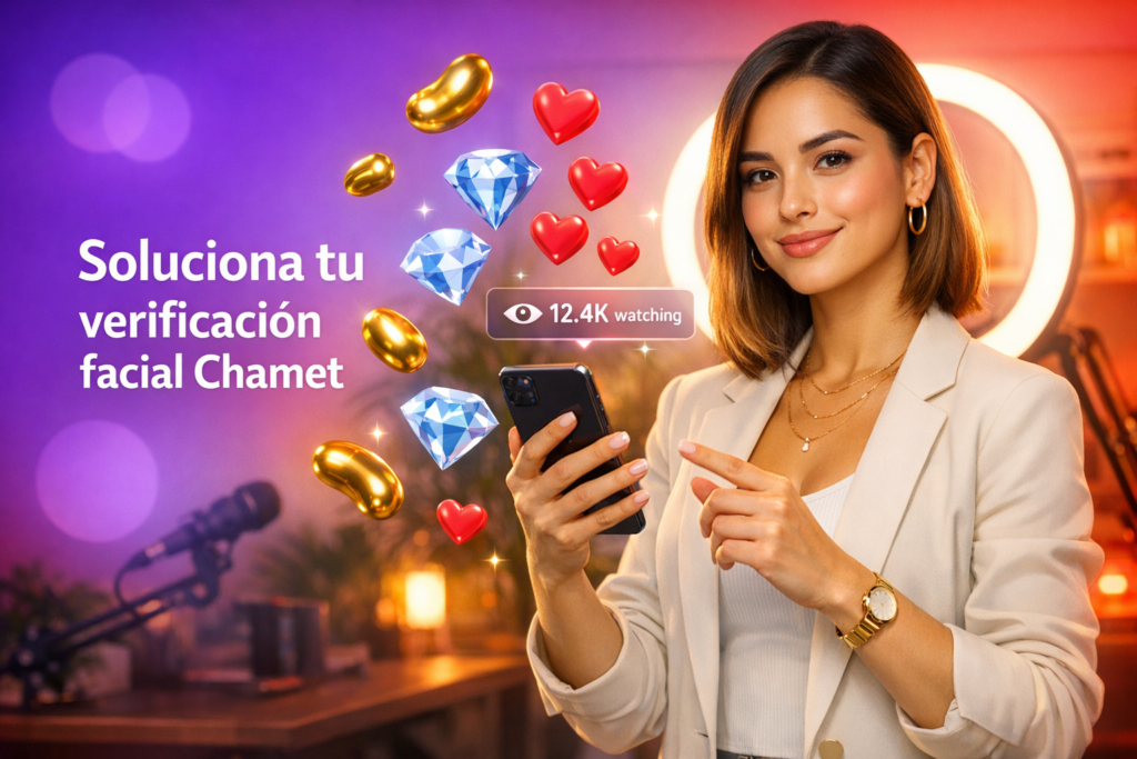 Joven creadora latina en un home-studio con aro de luz, mostrando el móvil y consejos para solucionar el error de verificación facial en el registro de chamet hostess.