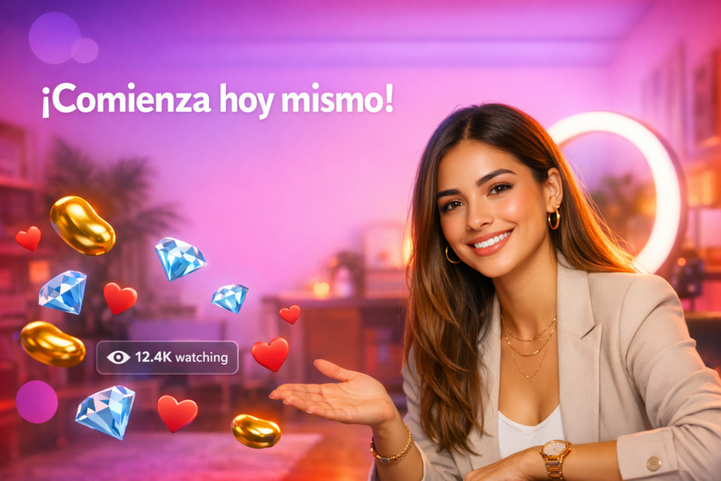 Joven creadora colombiana en un home-studio moderno con elementos de transmisión en vivo y guía visual sobre Chamet para anfitrionas en Colombia, estilo chamet hostess.