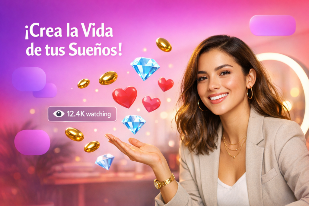 Creadora latina sonriente en un home studio con iconos de transmisión en vivo, ilustrando las ganancias de una chamet hostess en México y cómo registrarse para generar ingresos.