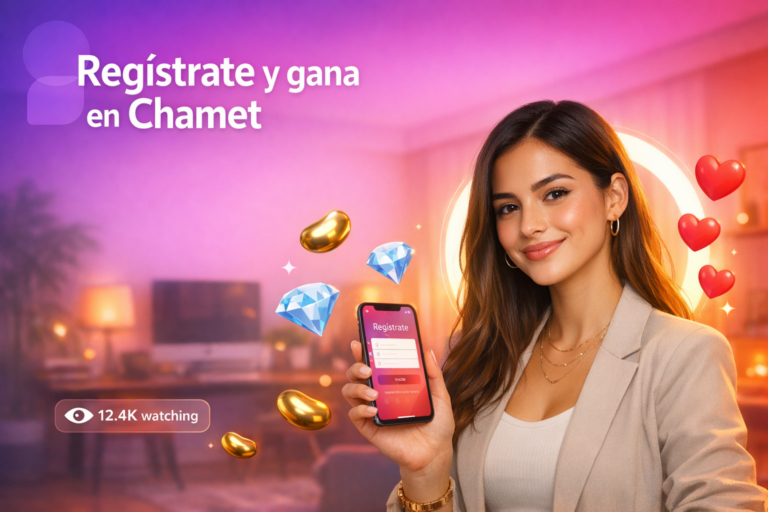 Joven creadora latina en un home-studio moderno con elementos de streaming y texto sobre el registro y requisitos de Chamet para anfitrionas en Indonesia, estilo chamet hostess.