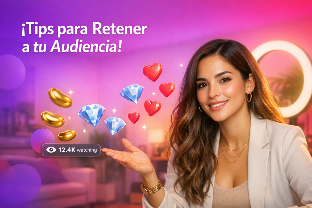 Creadora latina en un home-studio con elementos de live stream y consejos visuales sobre cómo aumentar la retención de espectadores en Chamet, ideal para una chamet hostess.
