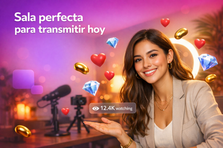 Joven creadora latina en un home studio moderno con luz de aro y elementos de streaming, mostrando cómo preparar la sala perfecta para transmitir en Chamet como chamet hostess.