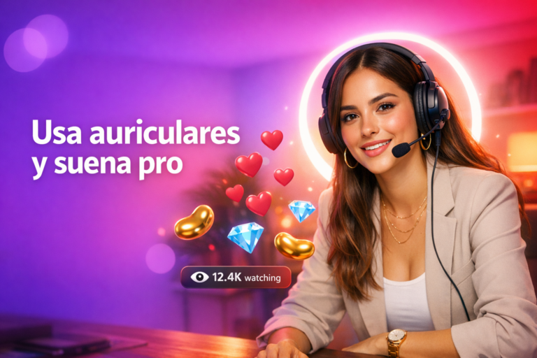 Creadora latina en un home-studio con auriculares y micrófono, con elementos de live y contador de audiencia, explicando por qué usar auriculares en Chamet para ser chamet hostess profesional.
