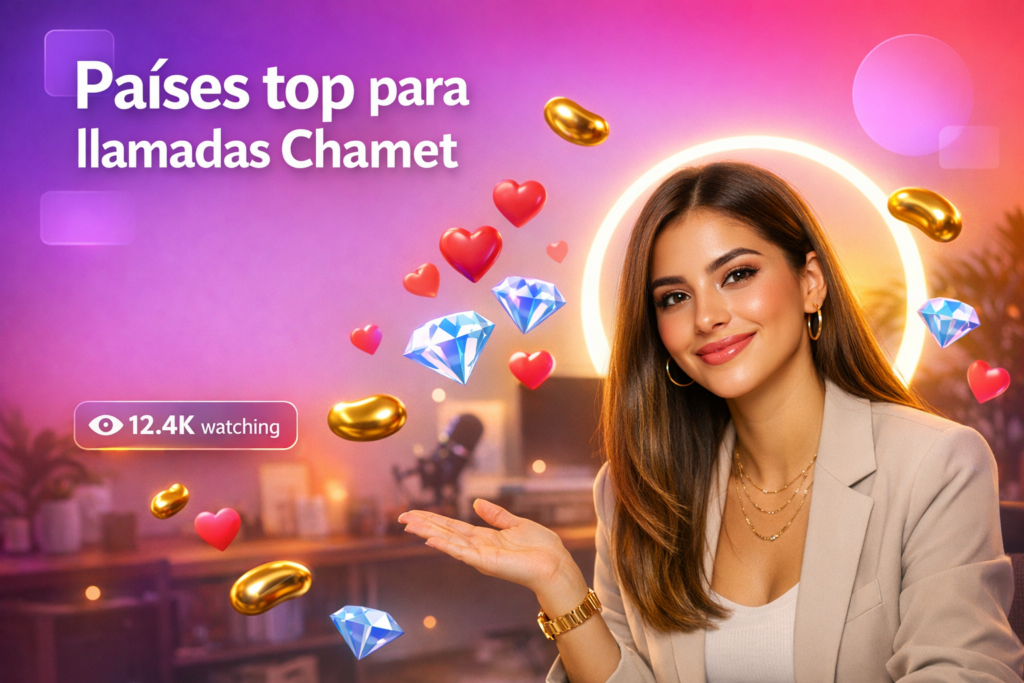 Creadora latina en un home studio moderno con elementos de live y un contador de audiencia, ilustrando los mejores países para recibir llamadas Chamet como chamet hostess.