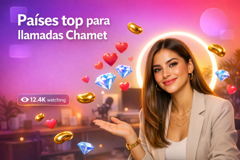 Creadora latina en un home studio moderno con elementos de live y un contador de audiencia, ilustrando los mejores países para recibir llamadas Chamet como chamet hostess.