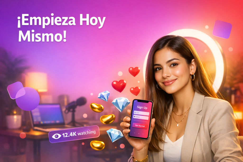 Joven creadora latina en un home studio moderno configurando su registro de anfitriona, con elementos de transmisión y guía para crear el perfil de chamet hostess.