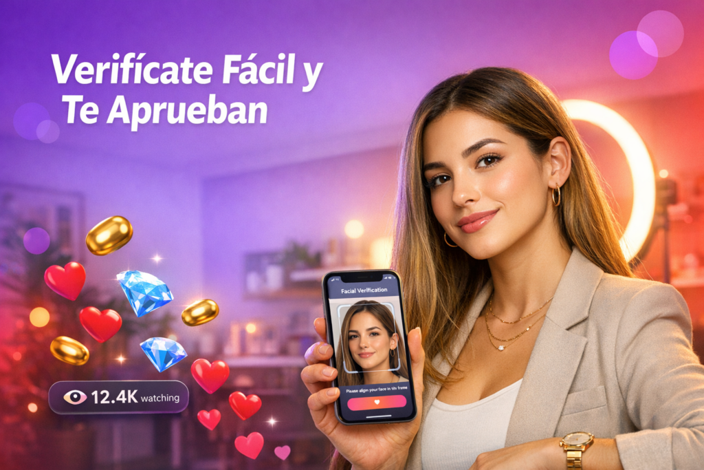 Joven creadora latina en un home-studio mostrando una selfie de verificación, con guía visual para completar la verificación facial de una chamet hostess.