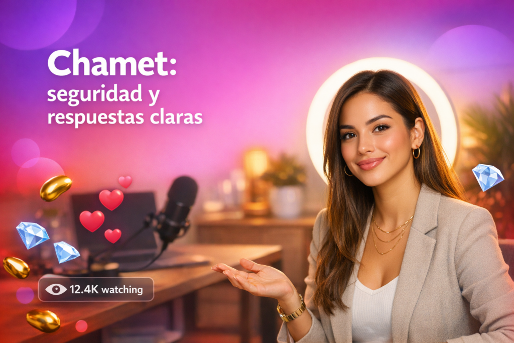 Joven creadora latina en un home studio con elementos de transmisión en vivo y gráficos flotantes, explicando si es seguro usar Chamet como chamet hostess.
