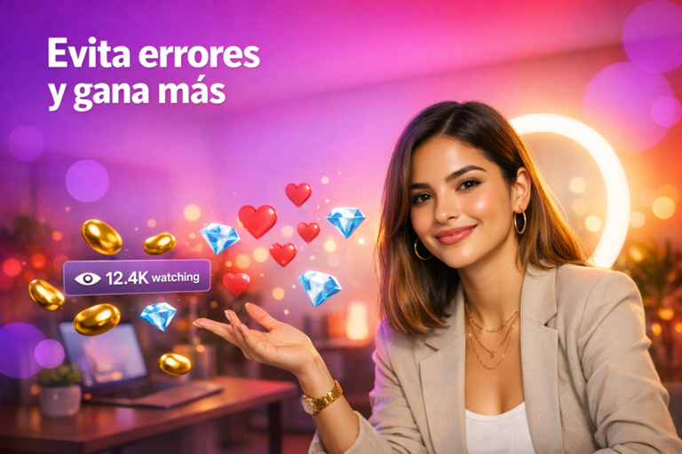 Joven creadora latina en un home studio con elementos de live y consejos para evitar errores comunes como chamet hostess principianta.