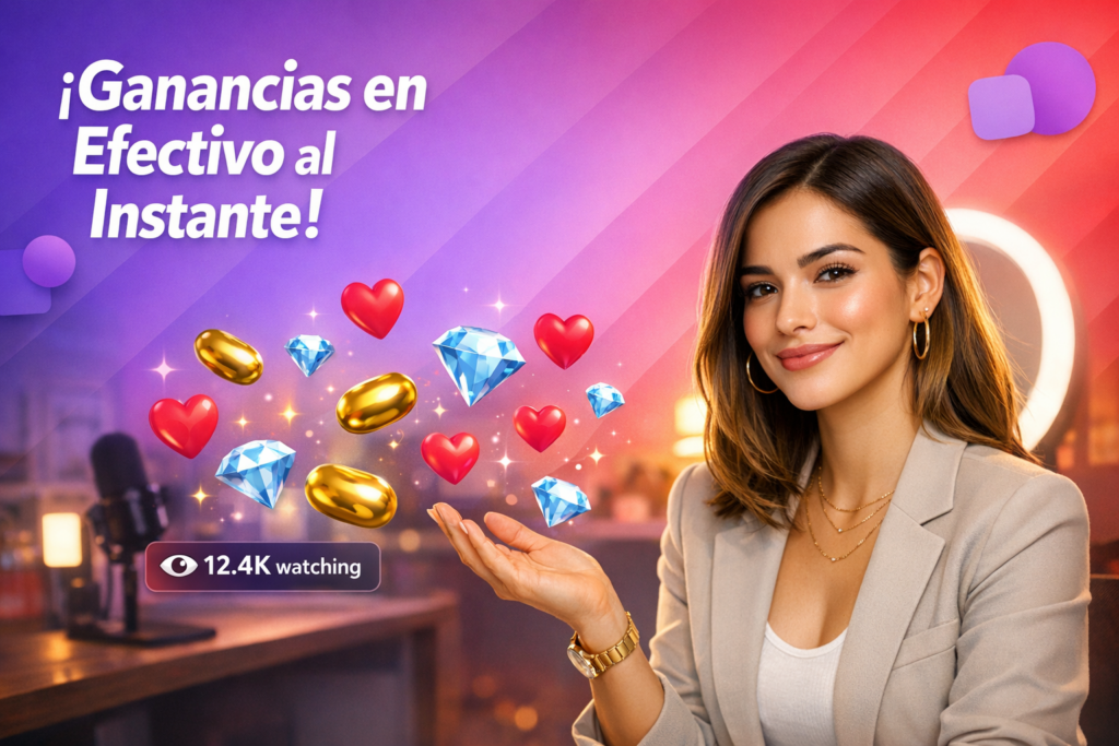 Creadora latina sonriente en un home-studio con elementos de transmisión y monedas flotantes, explicando cuánto tarda en llegar el primer retiro como chamet hostess.