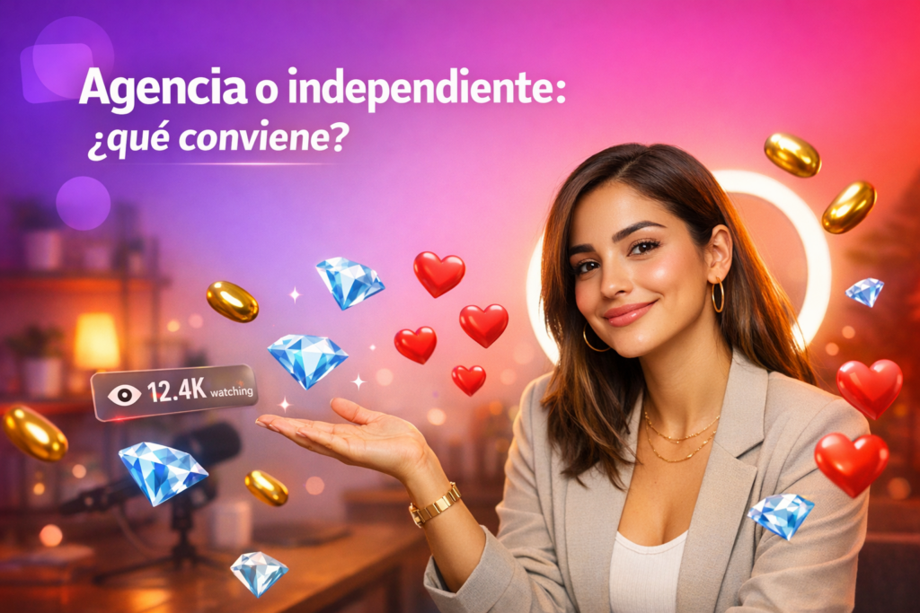 Retrato de una creadora latina en un home-studio con elementos de streaming, comparando Agencia Chamet vs anfitriona independiente y sus comisiones, con chamet hostess como referencia del tema.