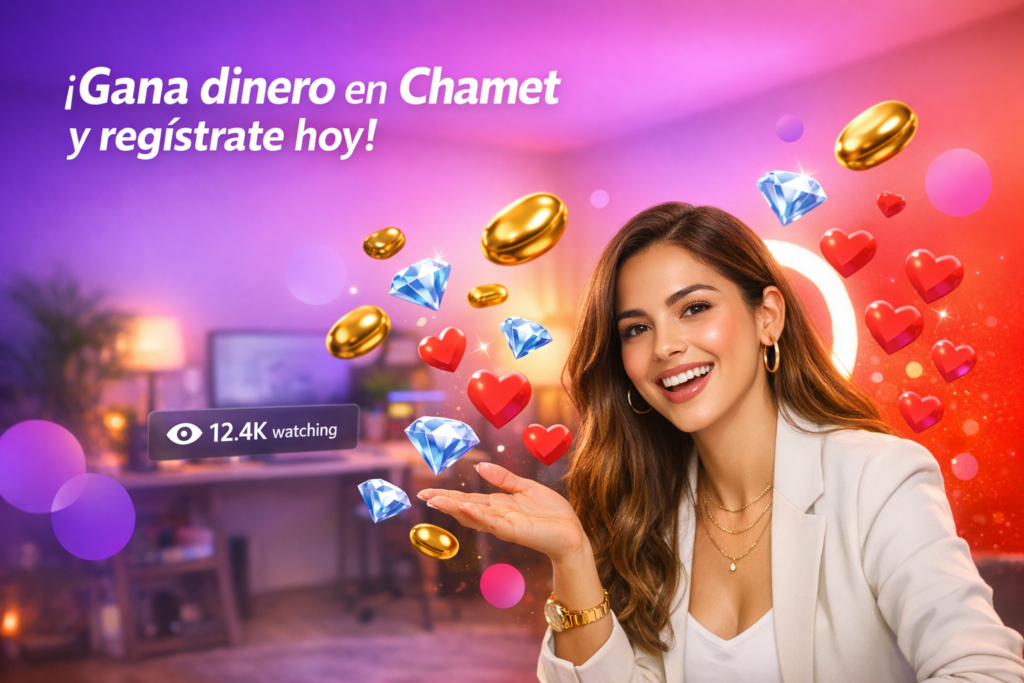 Joven creadora latina celebrando ganancias diarias en un home studio con efectos de live stream y beans, ideal para saber cuánto ganan las hostesses de Chamet al día como chamet hostess.