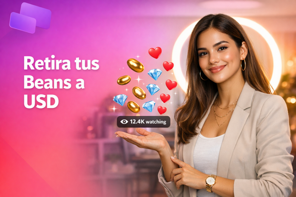 Creadora latina en un home-studio moderno con elementos de beans y un contador en vivo, ilustrando la guía del retiro mínimo Chamet y la conversión a USD para chamet hostess.