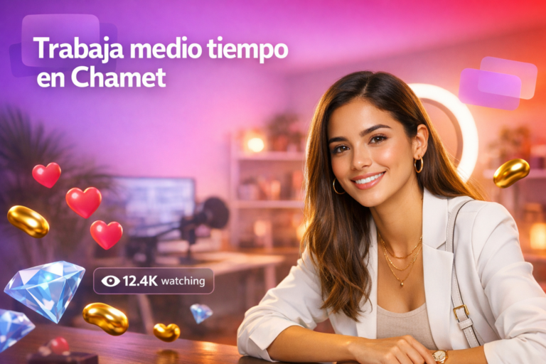 Joven creadora en home-studio con elementos de streaming mientras explica cómo trabajar a tiempo parcial en Chamet como chamet hostess.