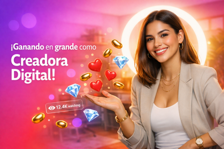 Joven creadora en un home-studio moderno celebrando cómo los regalos se convierten en ingresos en Chamet, con beans, diamantes y contador de audiencia flotando.