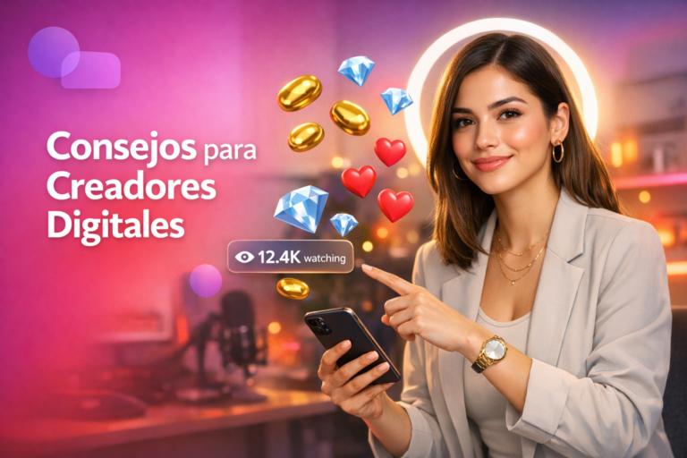 Anfitriona en un home-studio moderno revisa los requisitos de velocidad de internet para una transmisión estable, con elementos de live-stream y la frase chamet hostess.